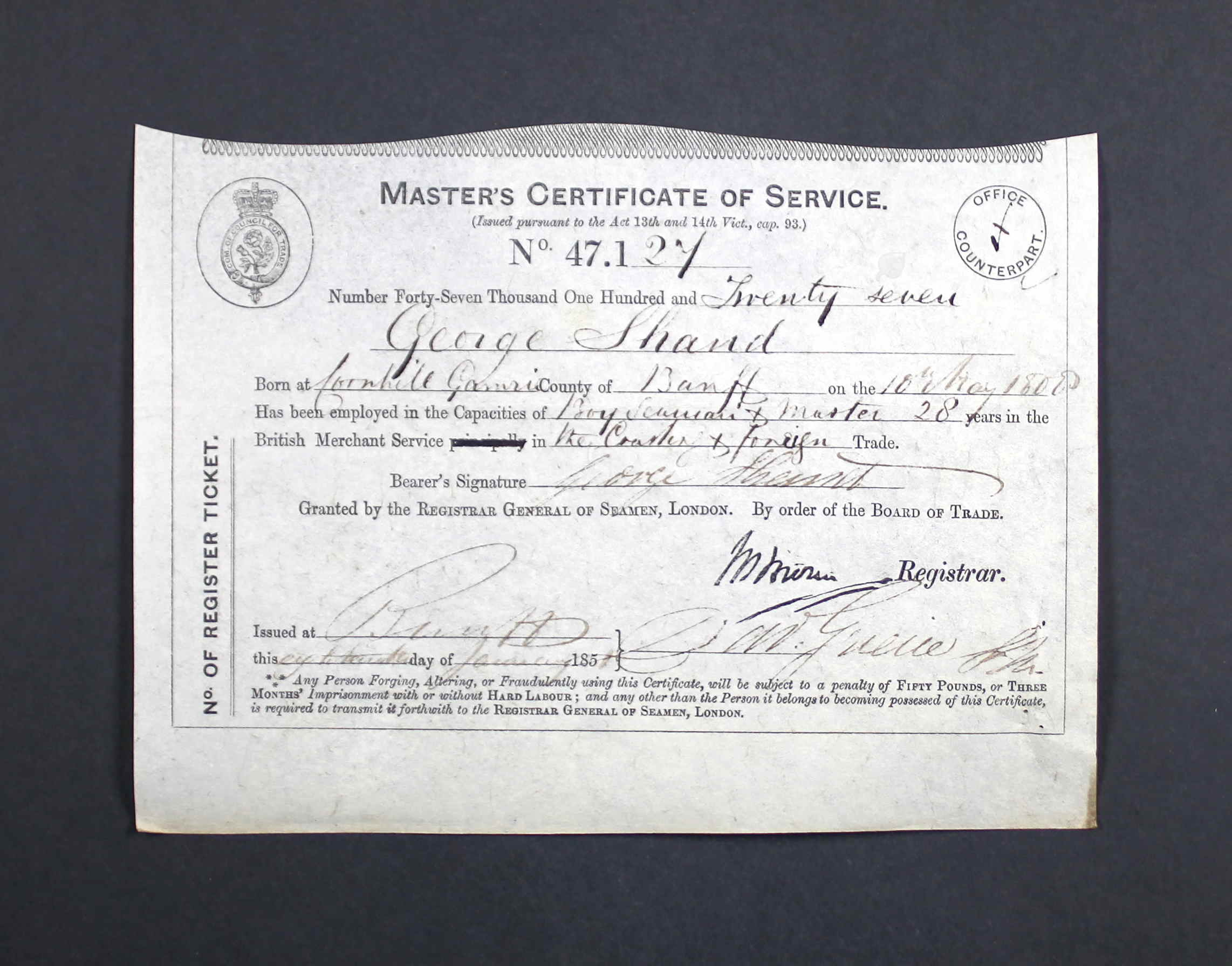 UK and Ireland, Masters and Mates Certificates, 1850-1927